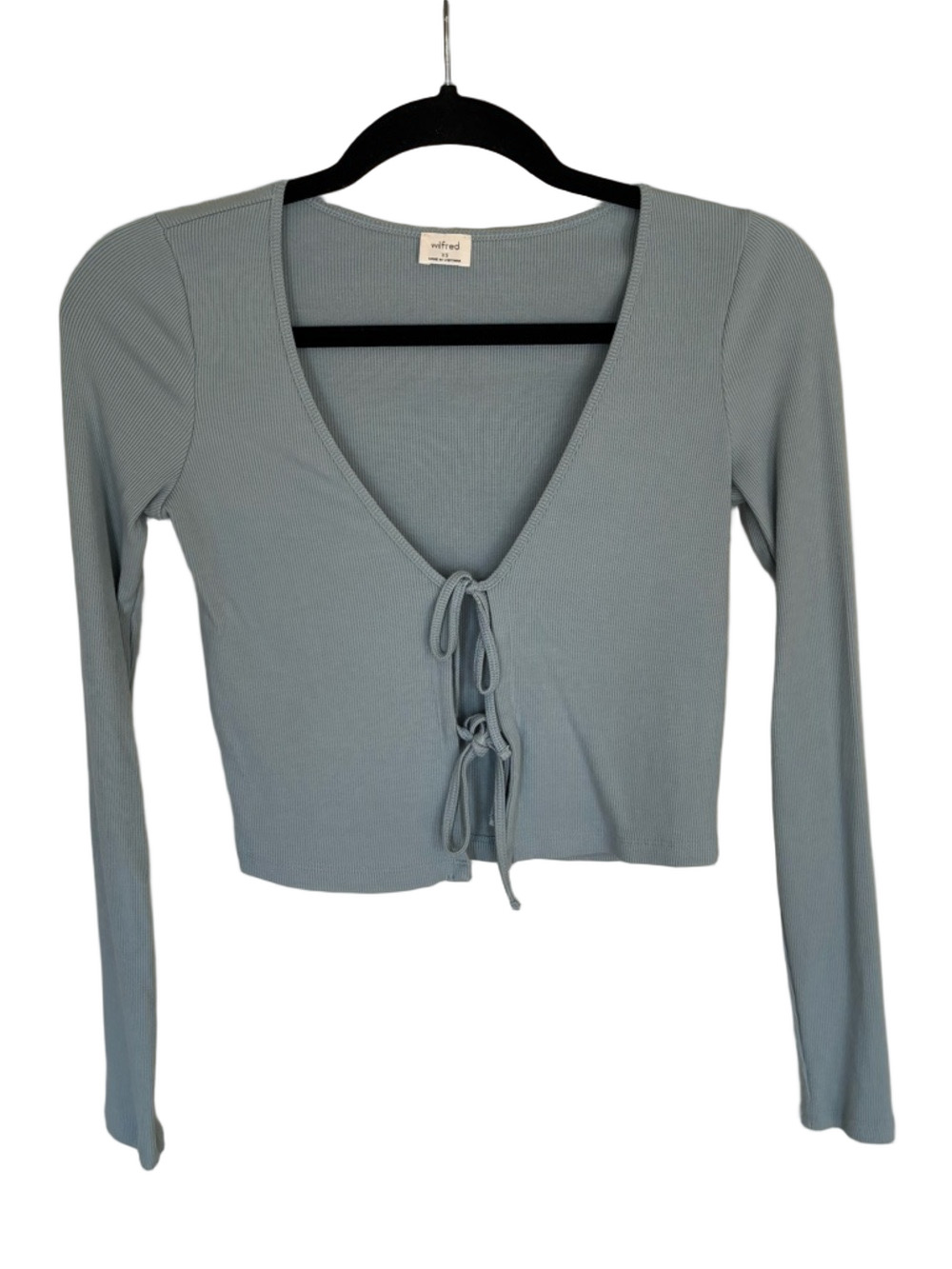 Wilfred Blue Ribbed Tie-Front Long Sleeve Crop Top